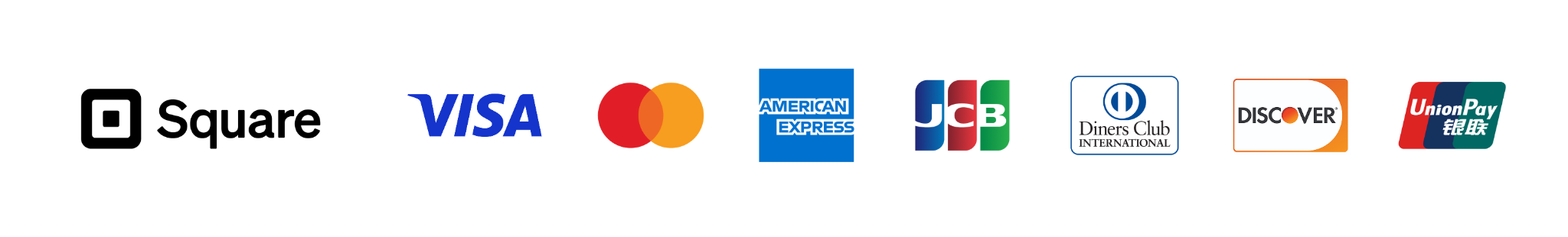 Square対応のカードブランド（Visa、Mastercard、American Express、JCB、Diners Club、Discover、UnionPay）
